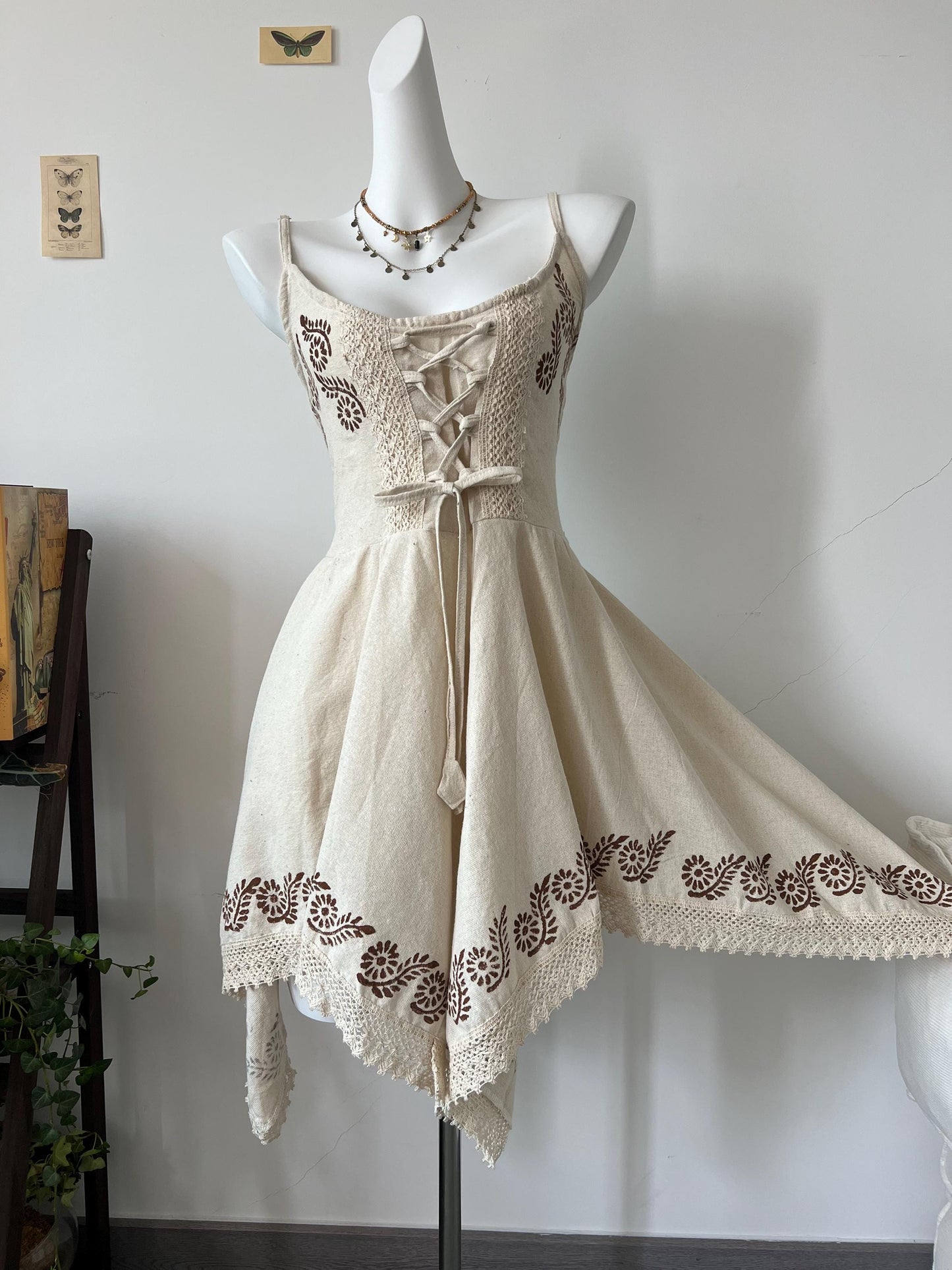 Boho Floral Print Lace Trim Sundress, Adjustable Tie-Front Linen Slip Dress