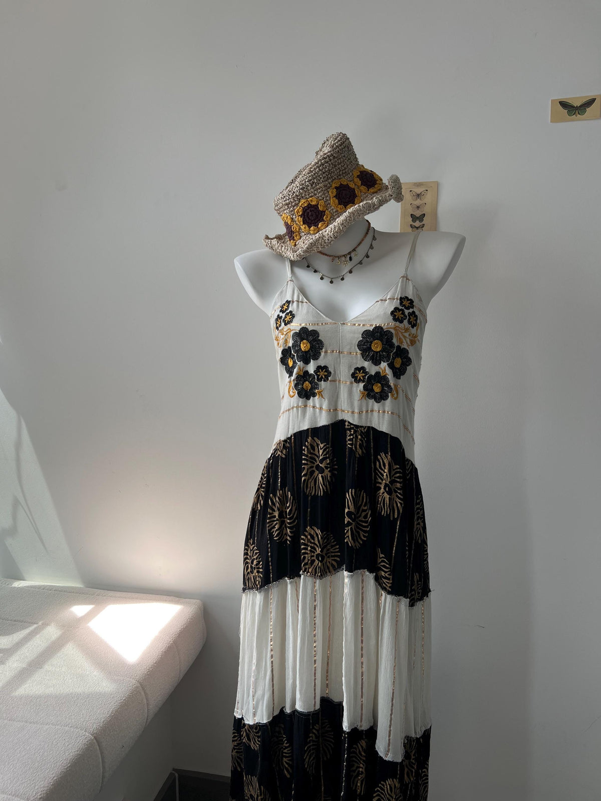 Hand Embroidered Cotton Maxi Dress, Black Floral Bodice, Layered Skirt, Boho Vacation Style