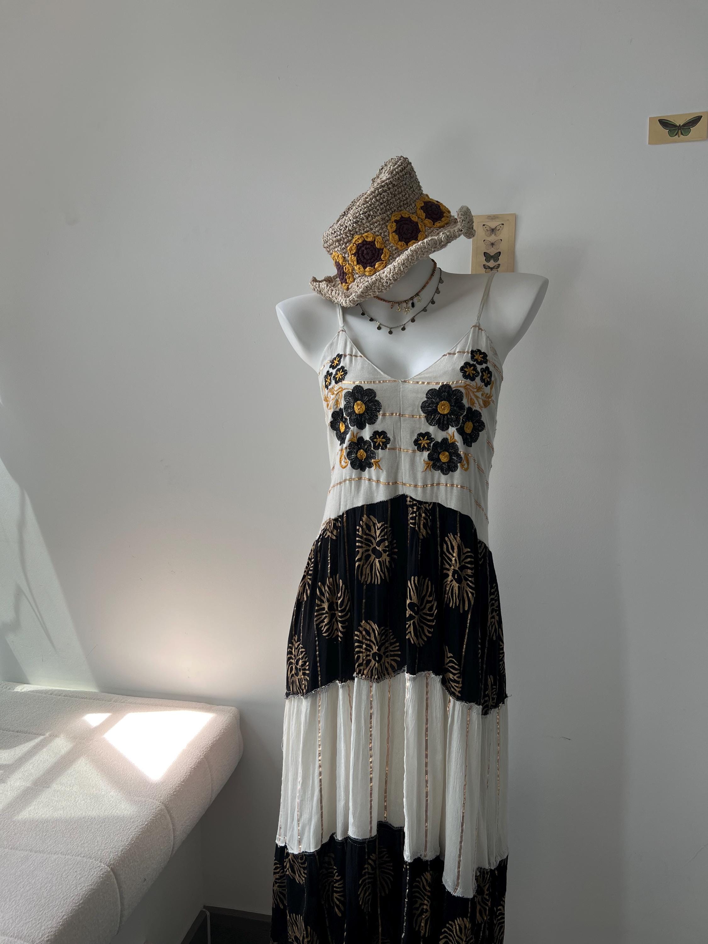 Hand Embroidered Cotton Maxi Dress, Black Floral Bodice, Layered Skirt, Boho Vacation Style