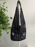 Black Folk Art Floral Shoulder Bag, Embroidered Wooden Ring Tote