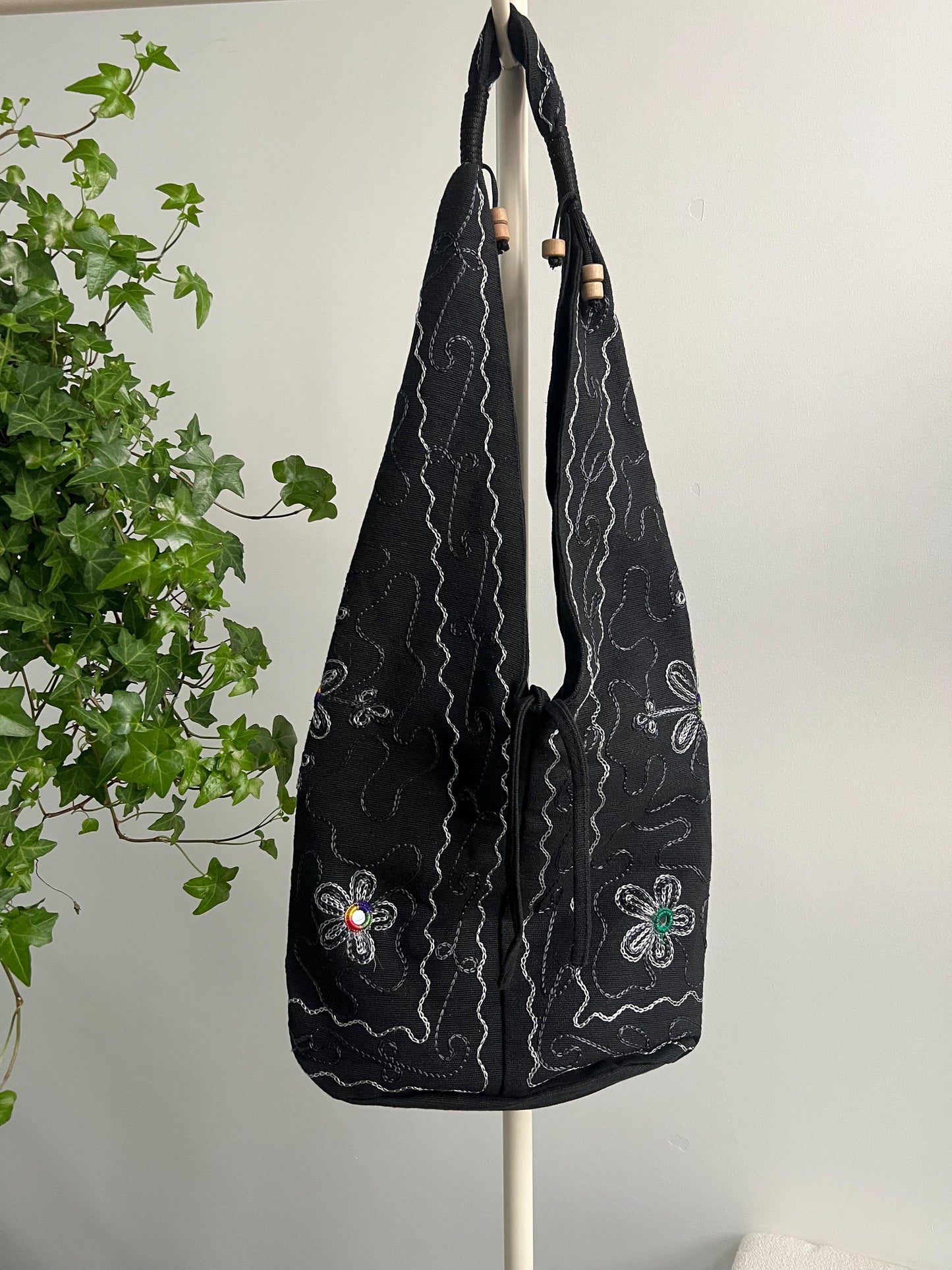 Black Folk Art Floral Shoulder Bag, Embroidered Wooden Ring Tote