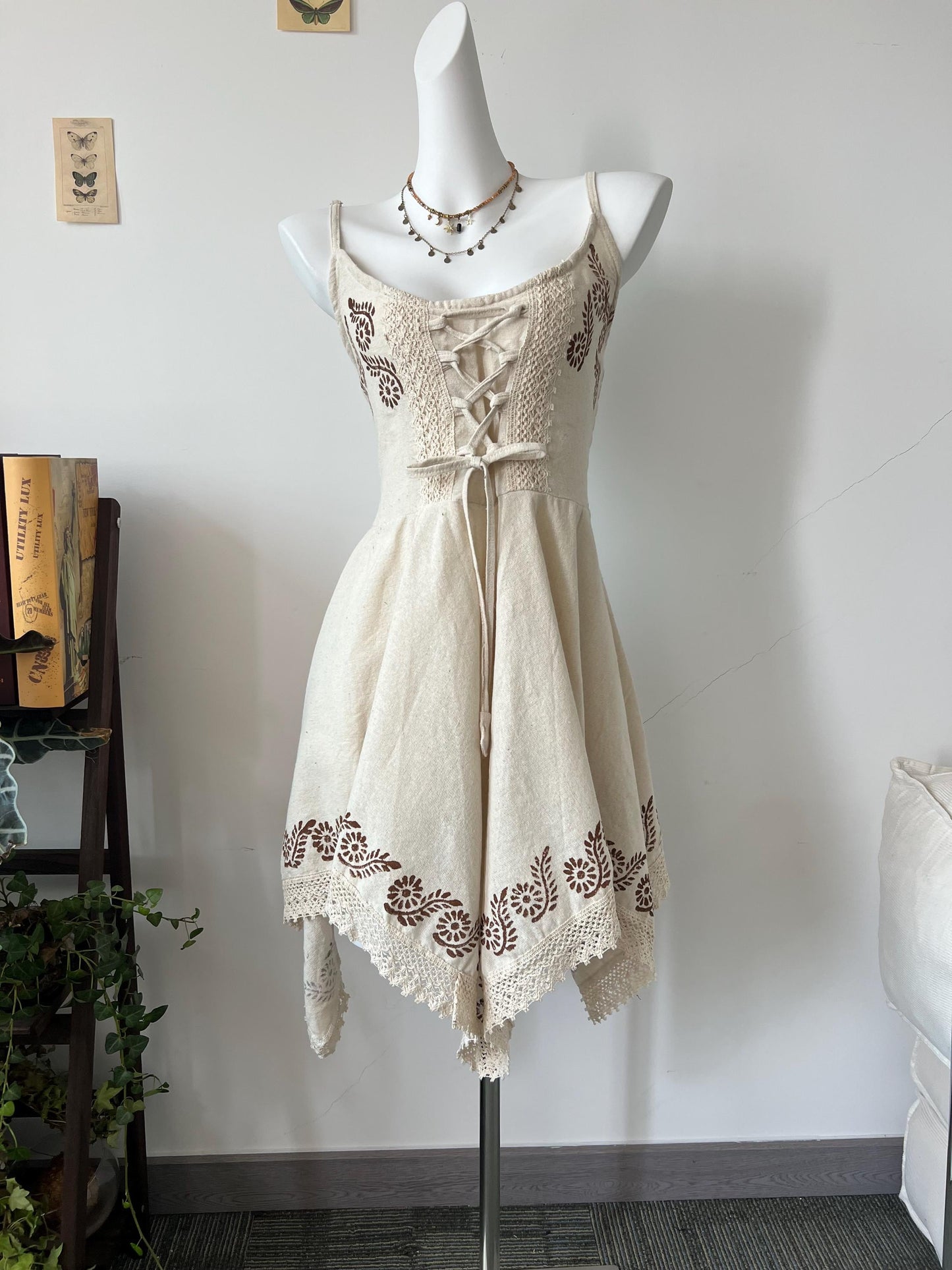 Boho Floral Print Lace Trim Sundress, Adjustable Tie-Front Linen Slip Dress