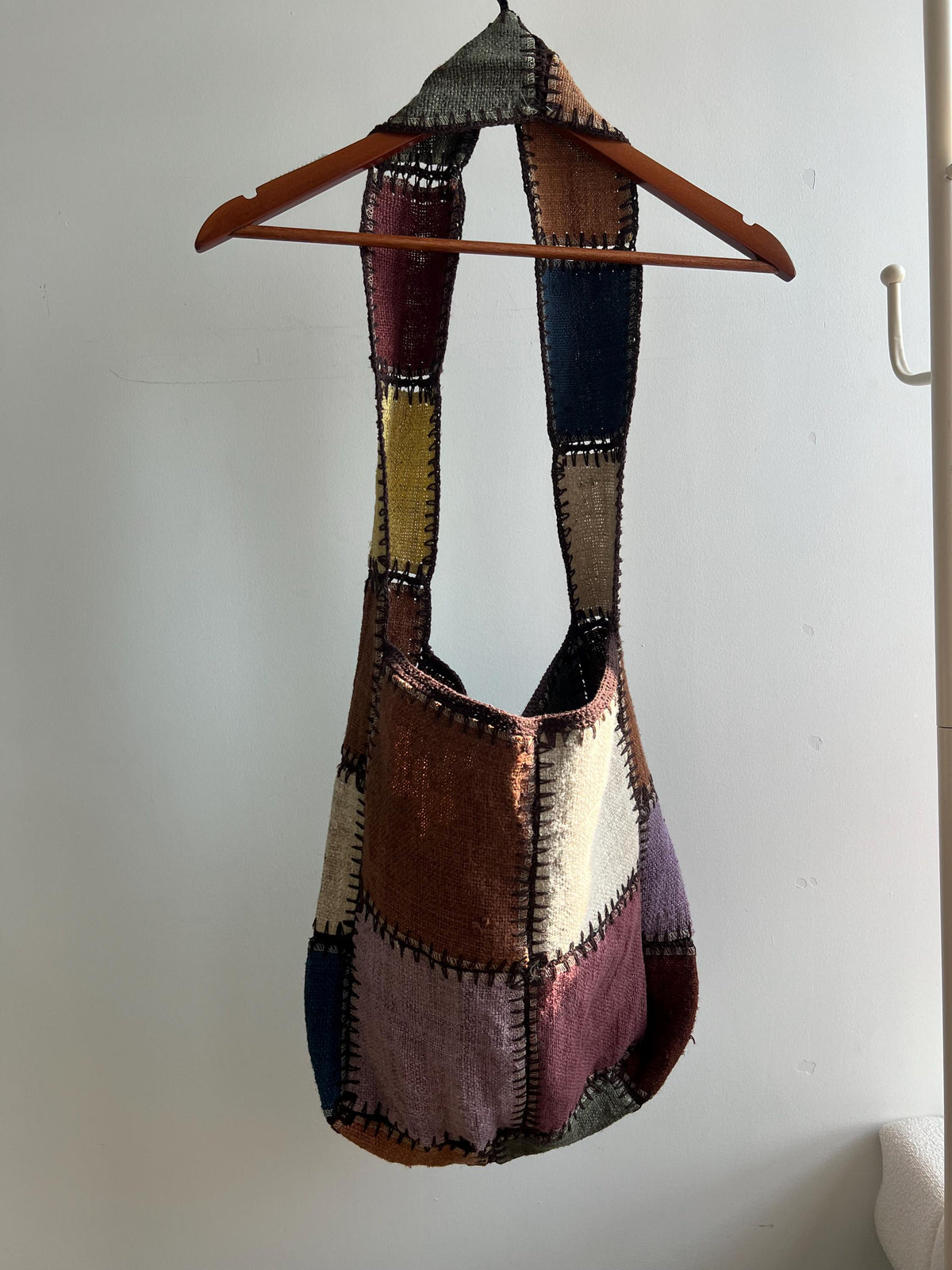 Patchwork Hemp Tote Bag, Boho Shoulder Bag, Sustainable Jute Purse, Artistic Everyday Carryall