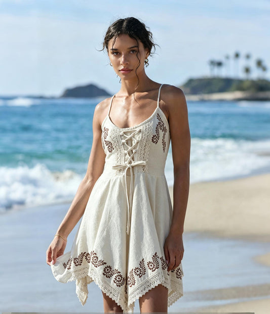 Boho Floral Print Lace Trim Sundress, Adjustable Tie-Front Linen Slip Dress