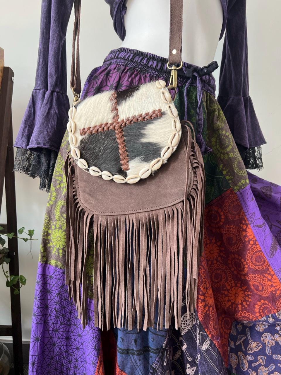 Handmade Boho Fringe Crossbody Bag, Animal Print Fur, Suede, Seashell Accents, Leather Purse
