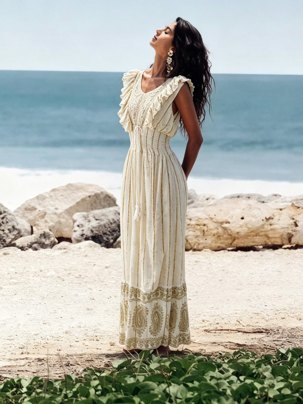 Bohemian Embroidered Cotton Maxi Dress – Lace Trimmed V-Neck Summer Beach Vacation