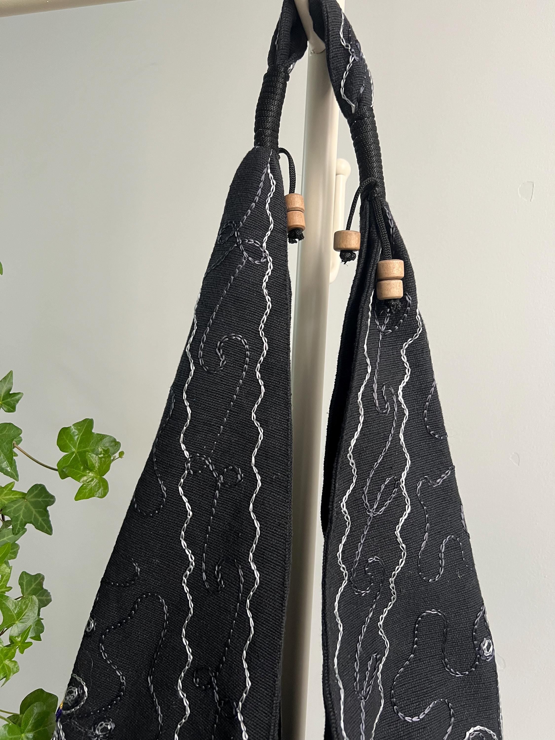 Black Folk Art Floral Shoulder Bag, Embroidered Wooden Ring Tote