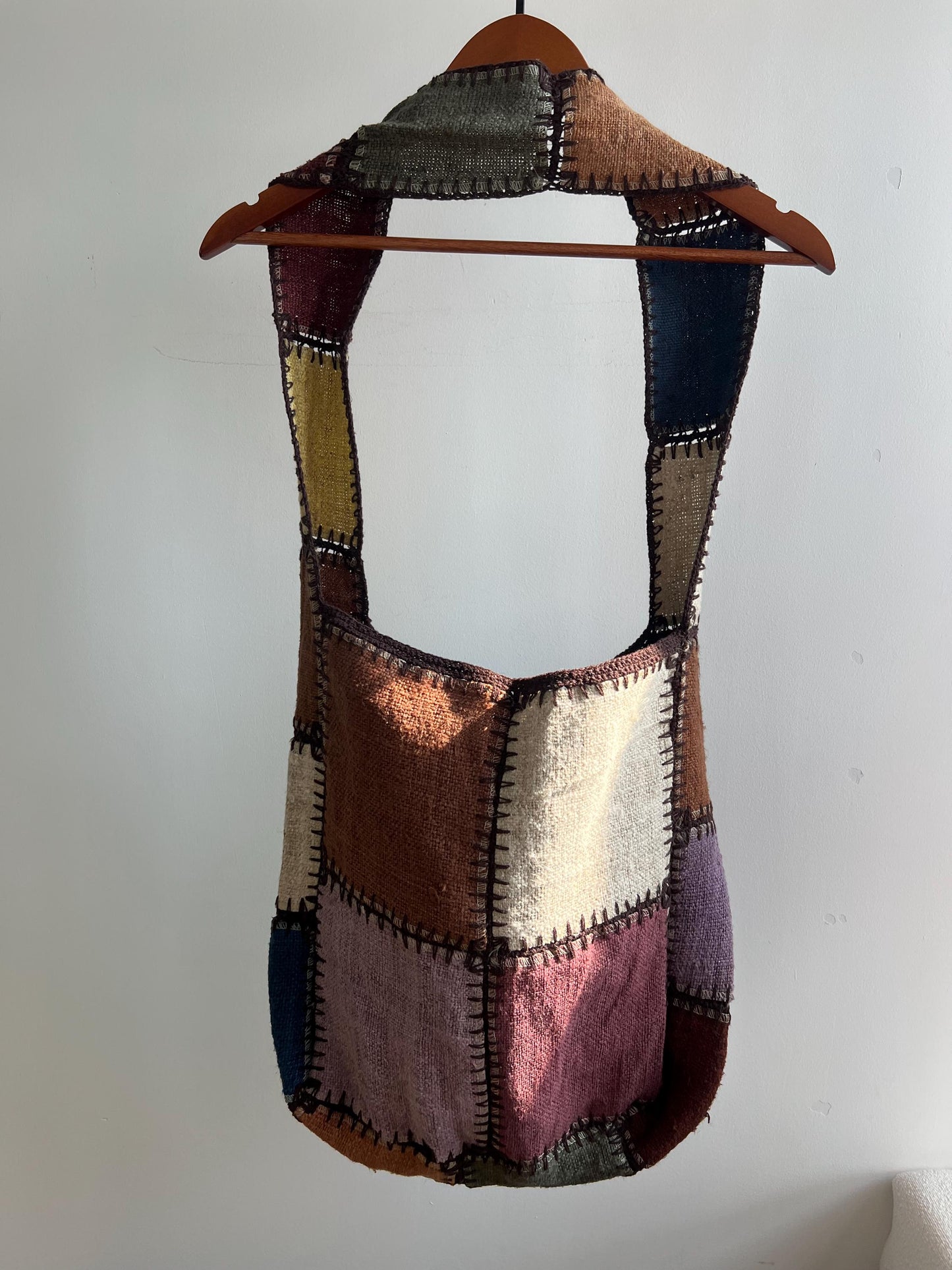 Patchwork Hemp Tote Bag, Boho Shoulder Bag, Sustainable Jute Purse, Artistic Everyday Carryall
