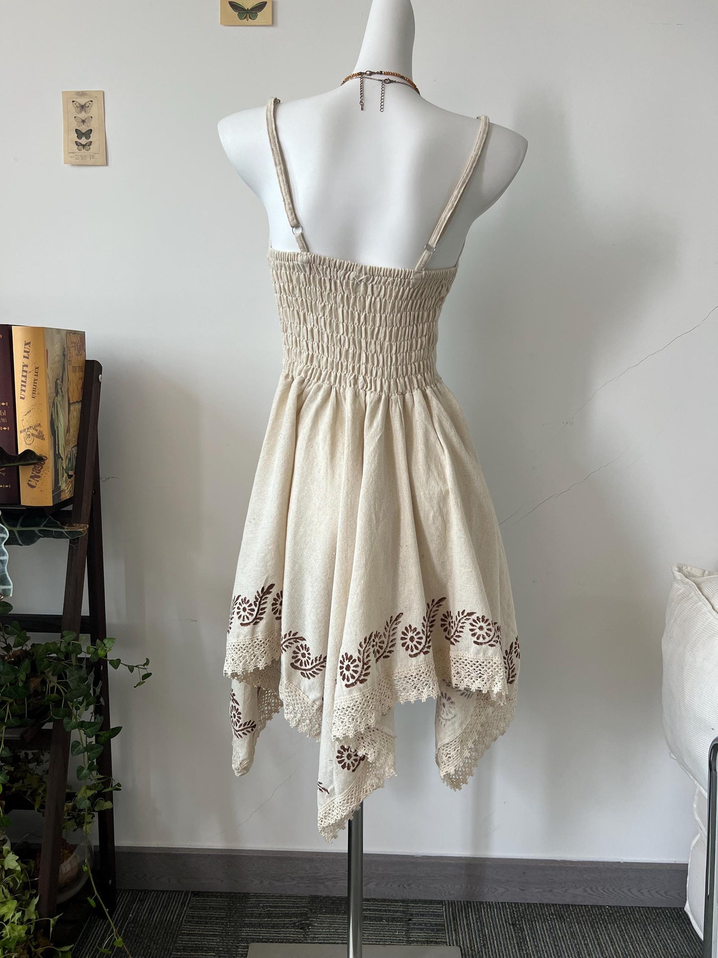 Boho Floral Print Lace Trim Sundress, Adjustable Tie-Front Linen Slip Dress