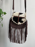 Handmade Boho Fringe Crossbody Bag, Animal Print Fur, Suede, Seashell Accents, Leather Purse