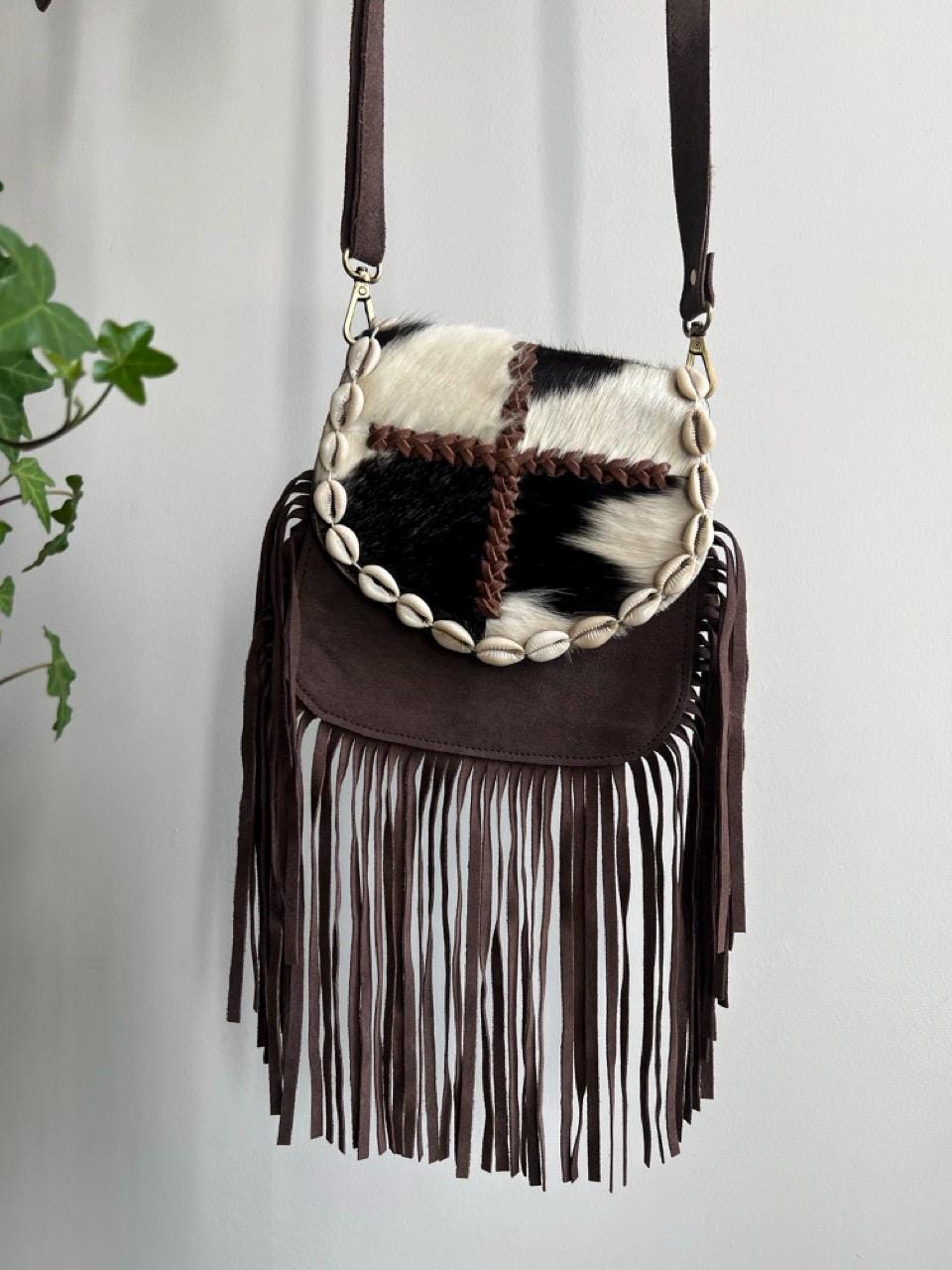 Handmade Boho Fringe Crossbody Bag, Animal Print Fur, Suede, Seashell Accents, Leather Purse