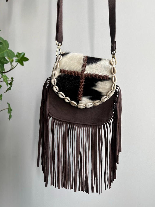 Handmade Boho Fringe Crossbody Bag, Animal Print Fur, Suede, Seashell Accents, Leather Purse