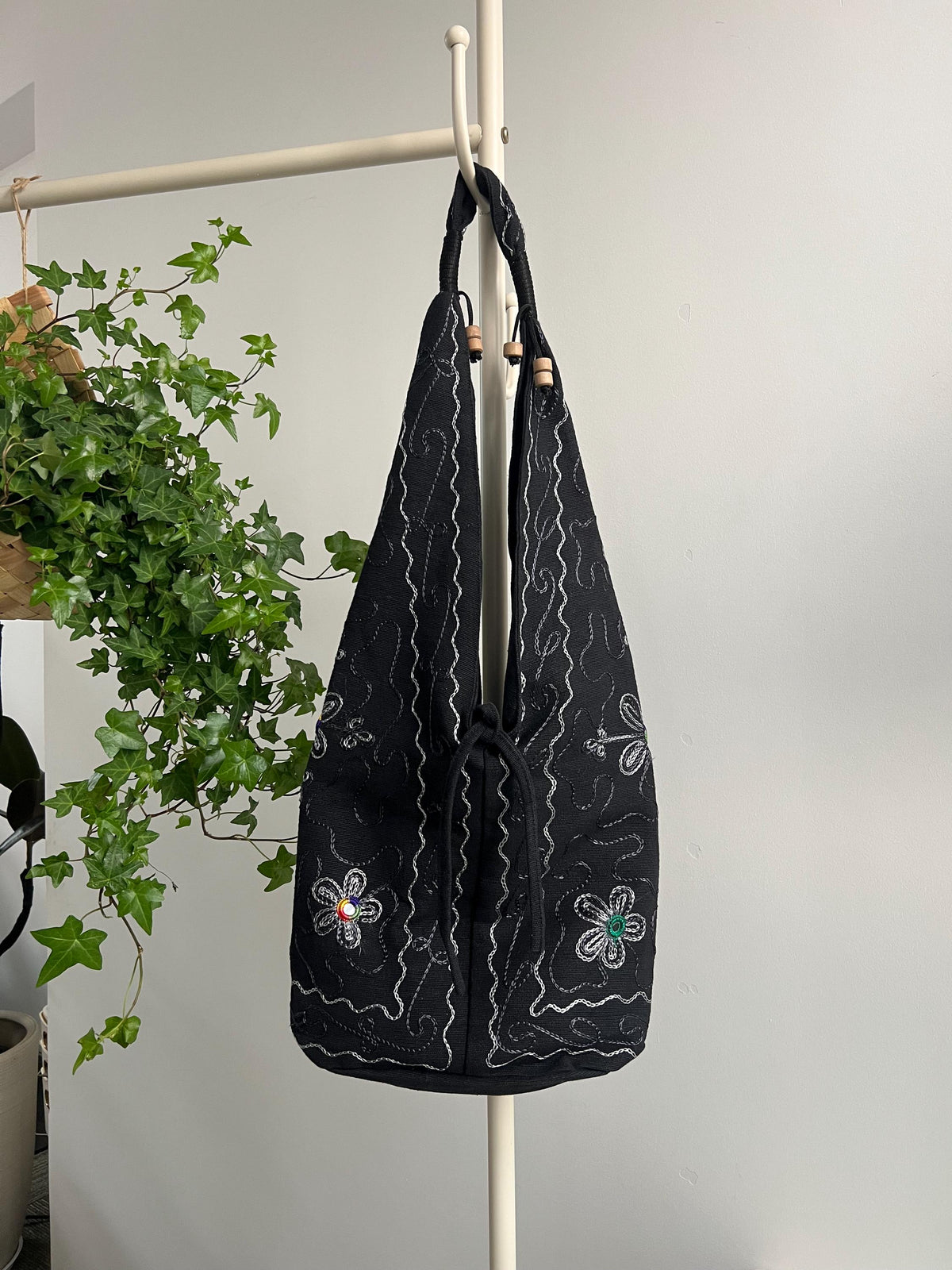 Black Folk Art Floral Shoulder Bag, Embroidered Wooden Ring Tote