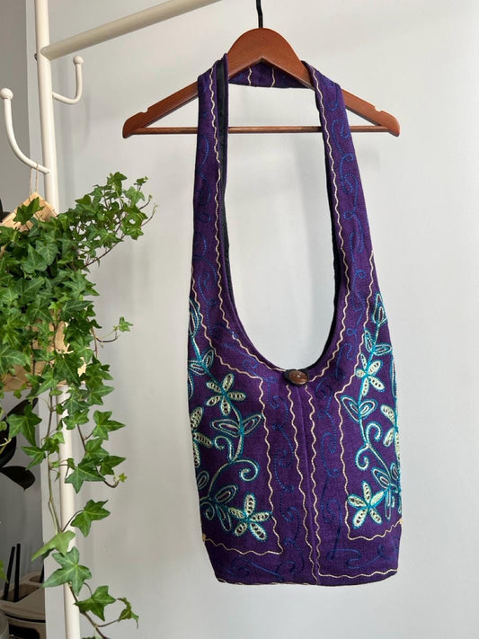 Hand Embroidered Purple Floral Boho Crossbody Bag, Ethnic Linen Cotton Purse