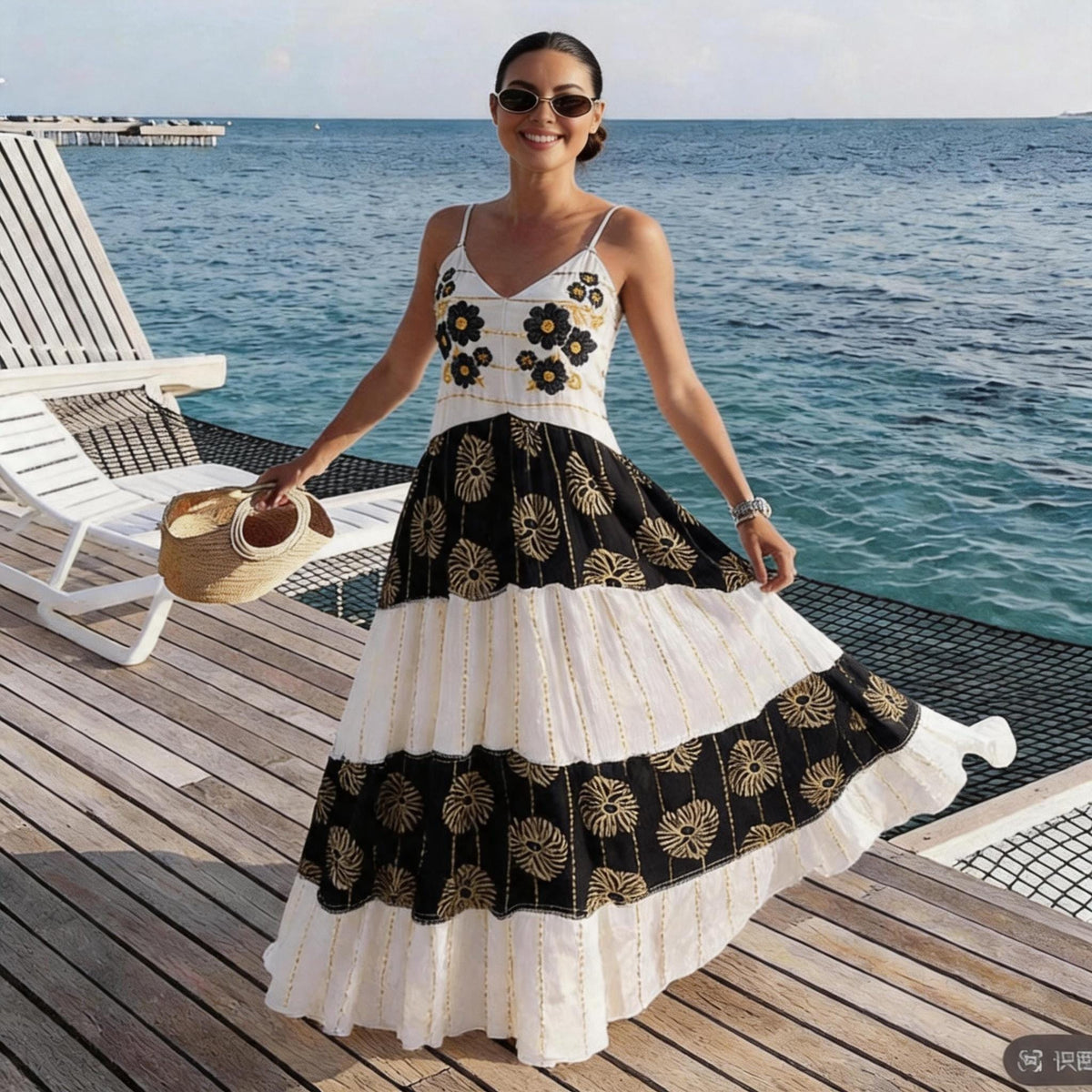 Hand Embroidered Cotton Maxi Dress, Black Floral Bodice, Layered Skirt, Boho Vacation Style