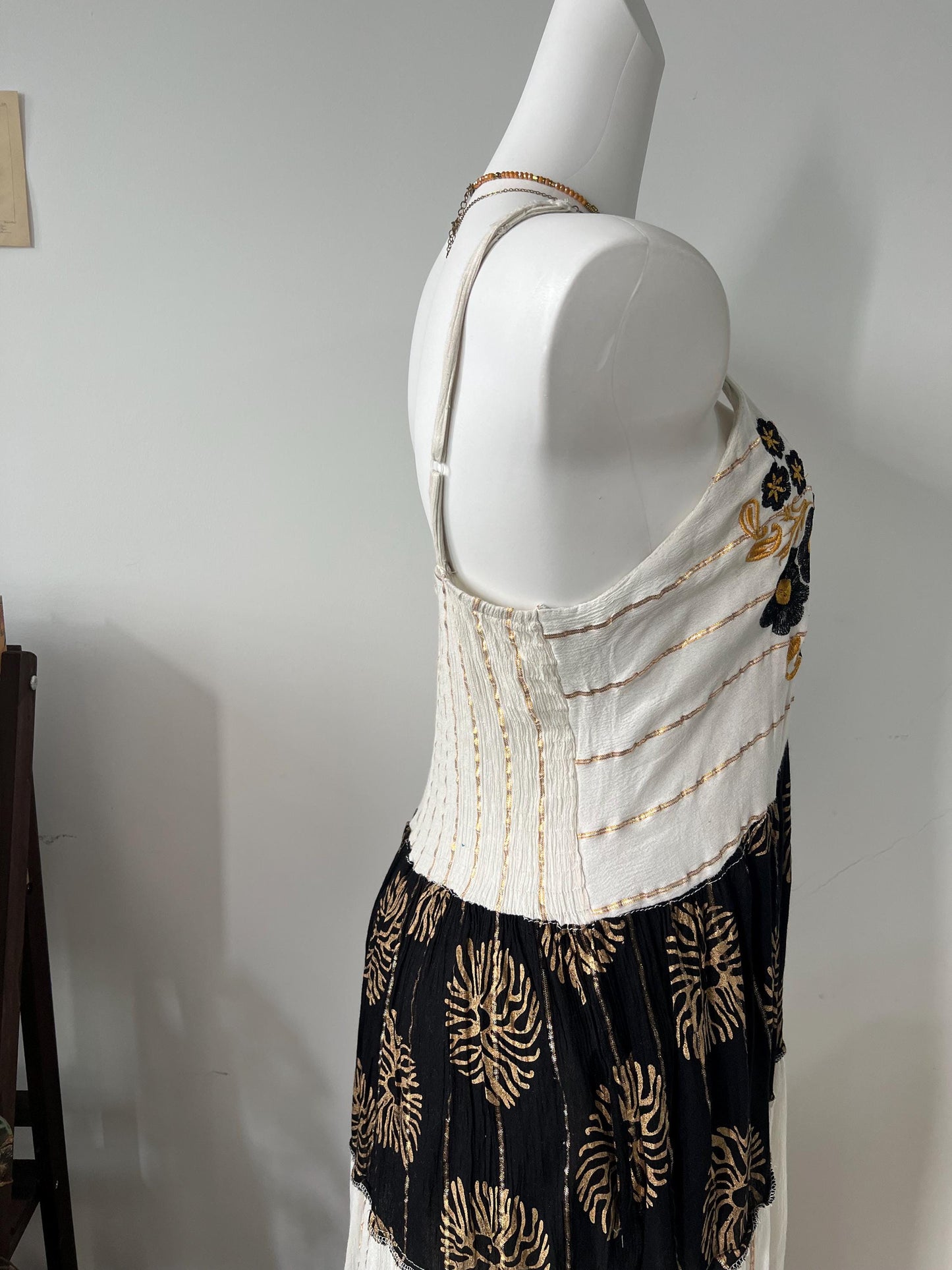 Hand Embroidered Cotton Maxi Dress, Black Floral Bodice, Layered Skirt, Boho Vacation Style