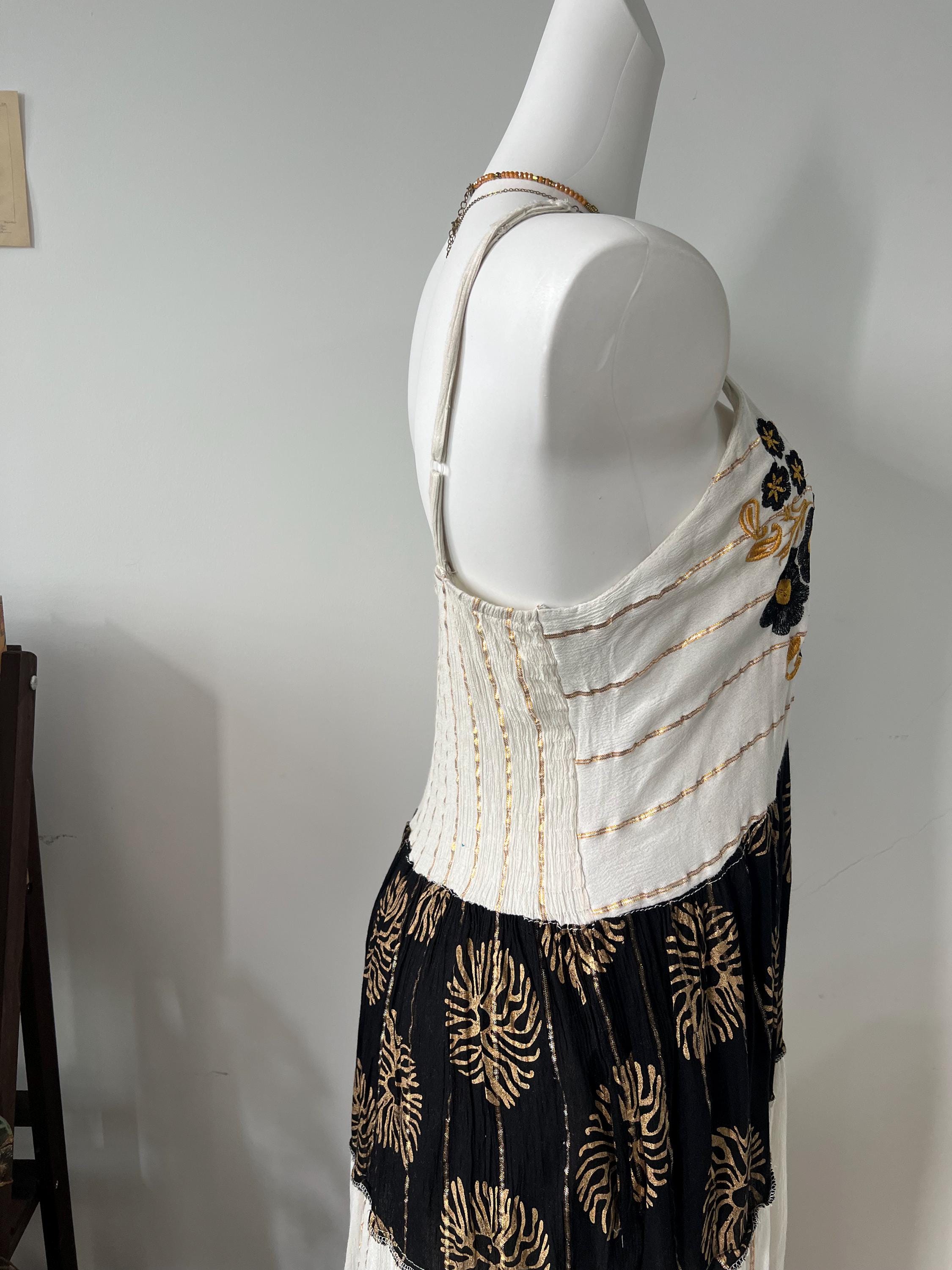 Hand Embroidered Cotton Maxi Dress, Black Floral Bodice, Layered Skirt, Boho Vacation Style