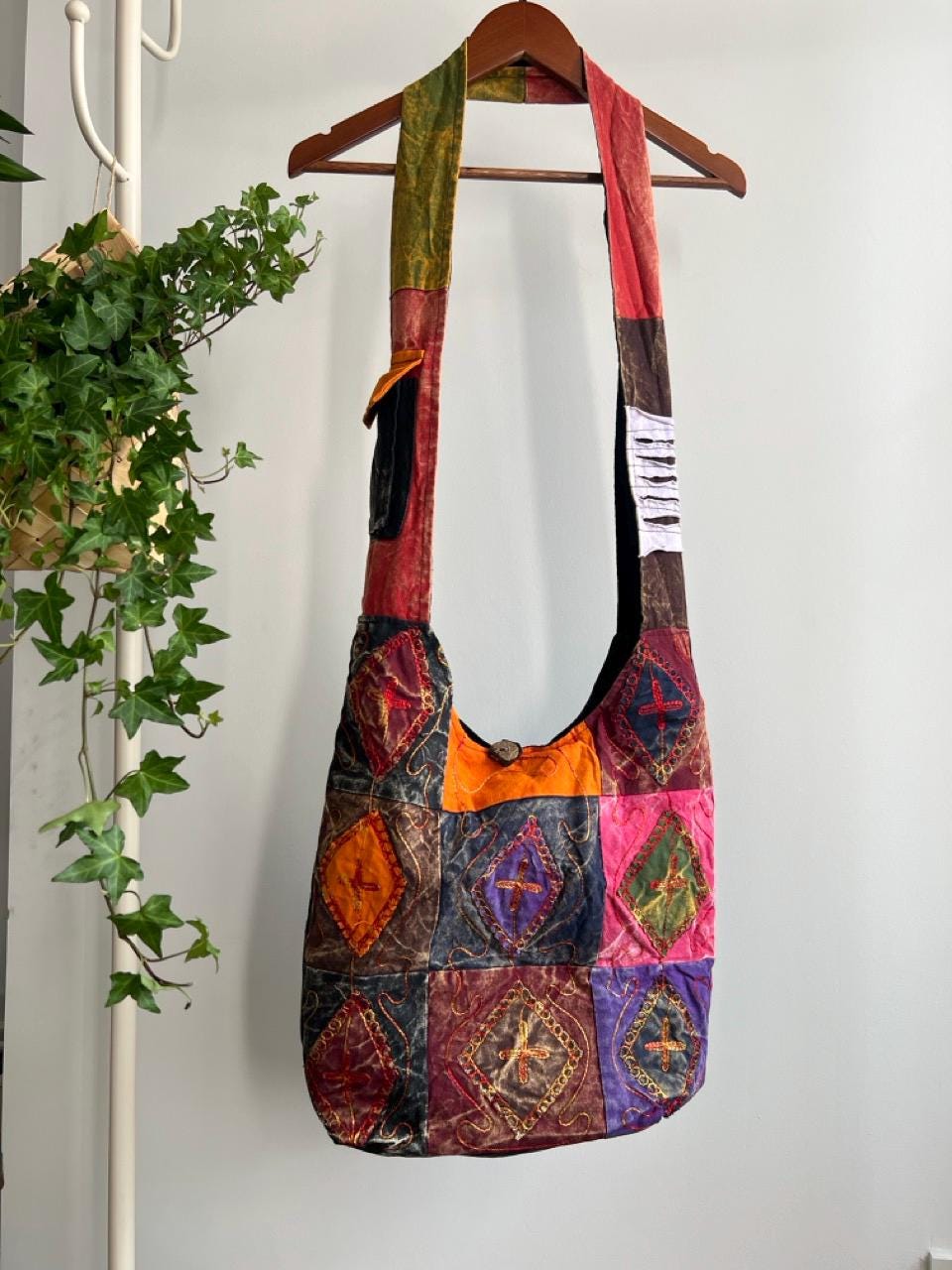 Patchwork Shoulder Bag, Boho Folk Embroidery Purse, Colorful Cotton Crossbody Bag