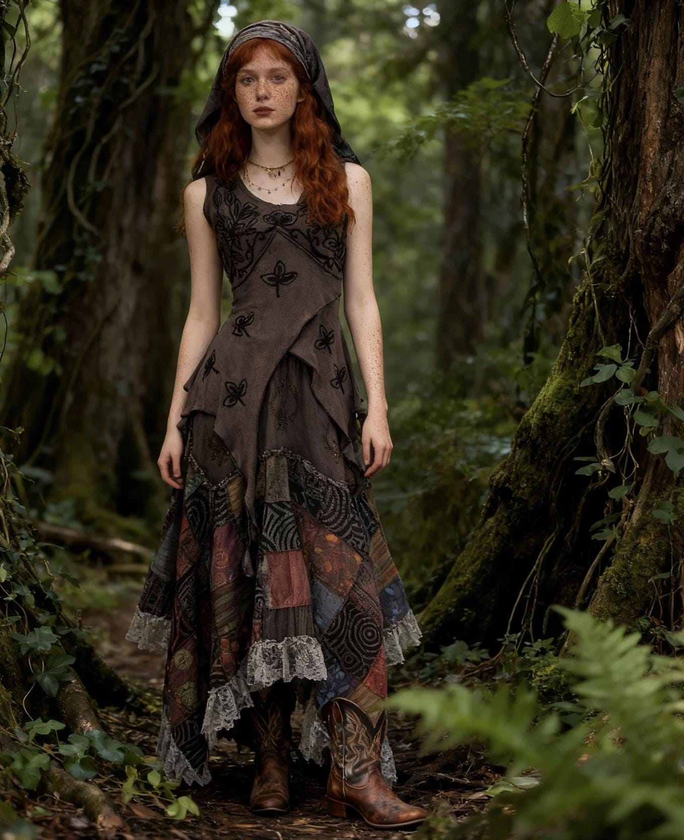 Bohemian Embroidered Patchwork Two-Piece Set, Elastic Waist, Lace Trim