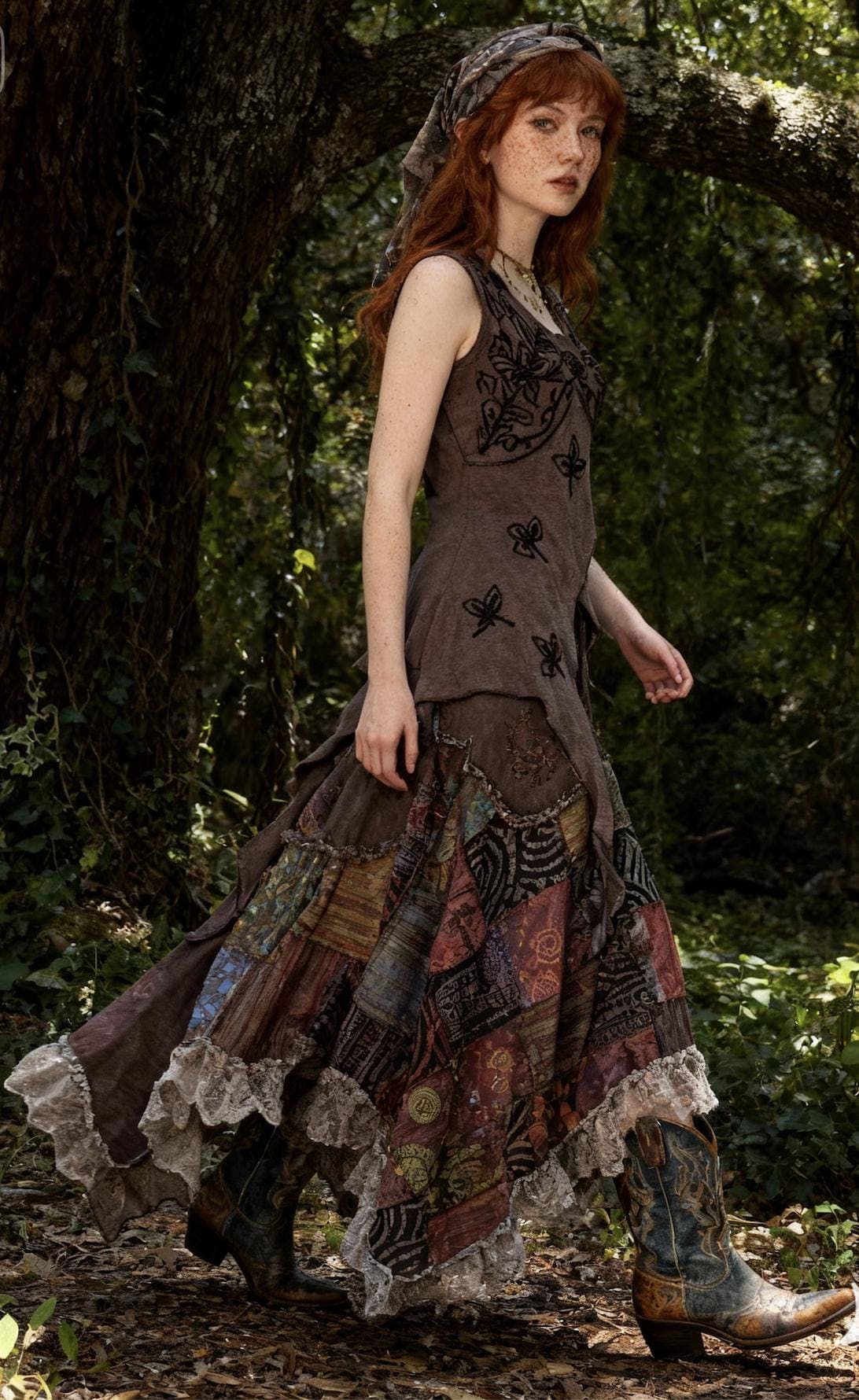 Bohemian Embroidered Patchwork Two-Piece Set, Elastic Waist, Lace Trim