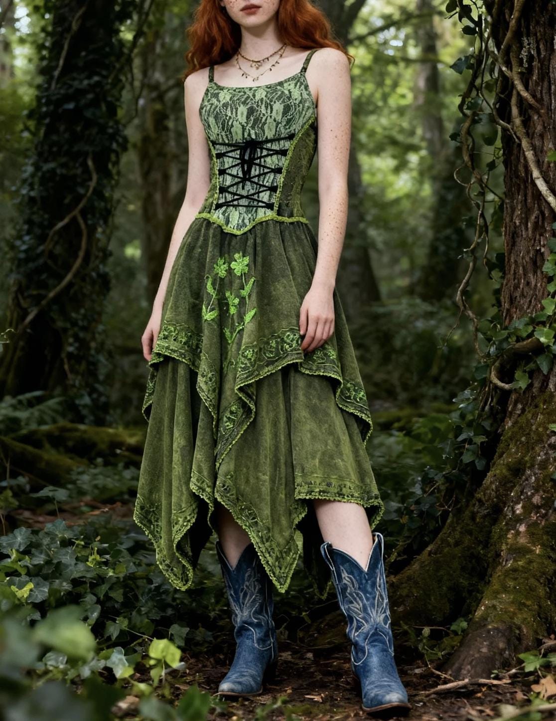 Handmade Green Bohemian Dress, Artistic Embroidered Lace Slip Maxi Dress with Asymmetrical Hem
