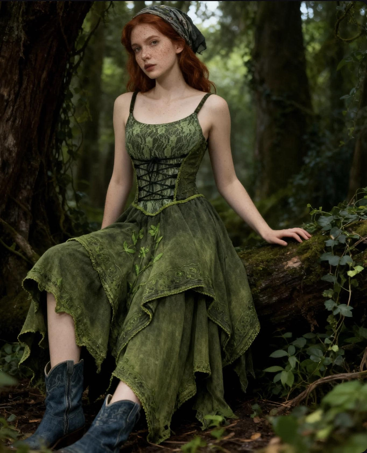 Handmade Green Bohemian Dress, Artistic Embroidered Lace Slip Maxi Dress with Asymmetrical Hem