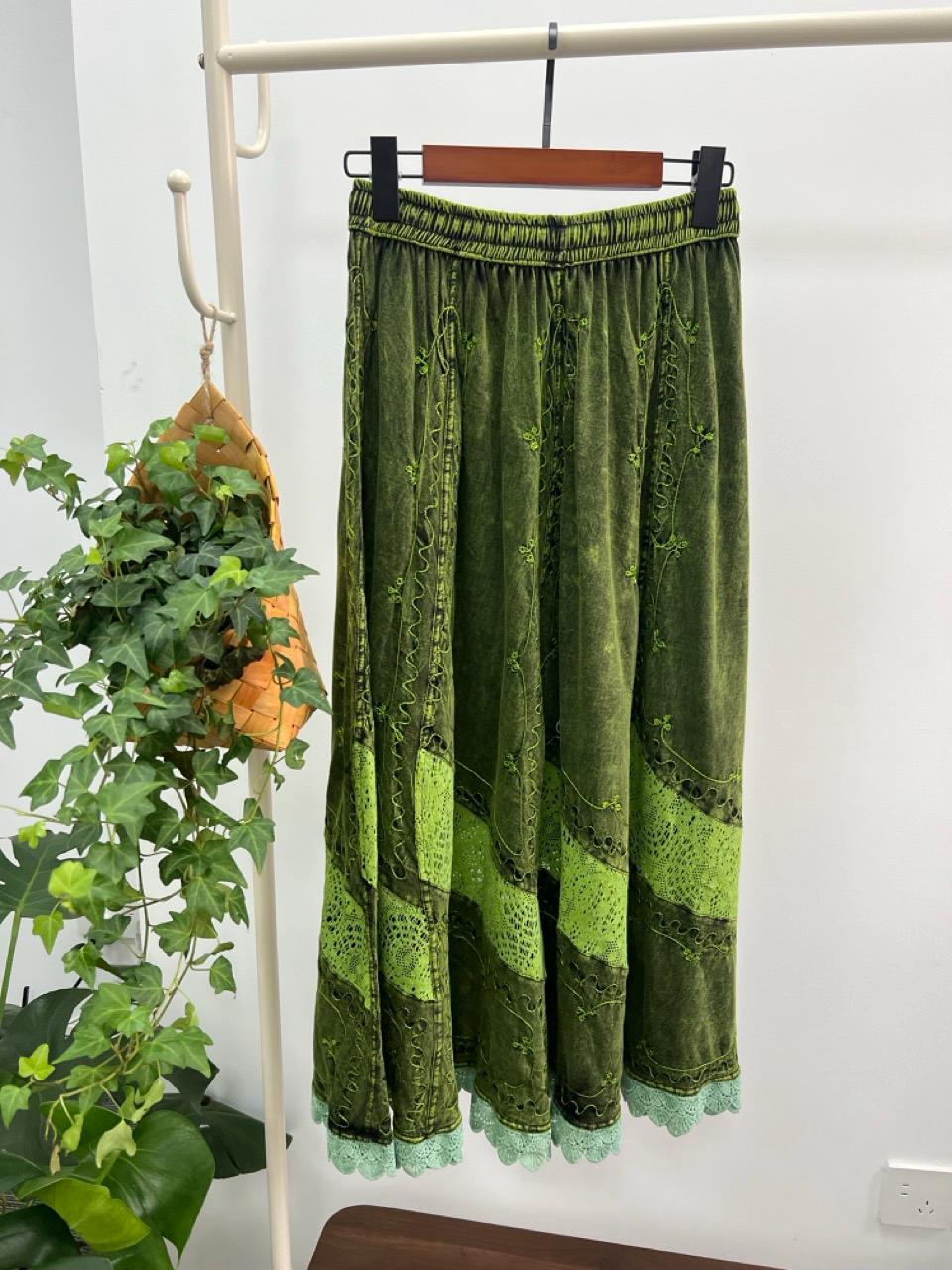 Bohemian Green Maxi Skirt, Lace Insets, Floral Embroidery, Elastic Waist
