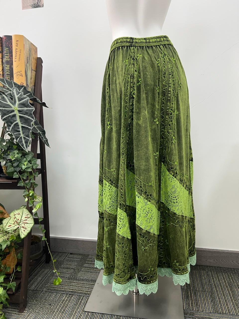 Bohemian Green Maxi Skirt, Lace Insets, Floral Embroidery, Elastic Waist