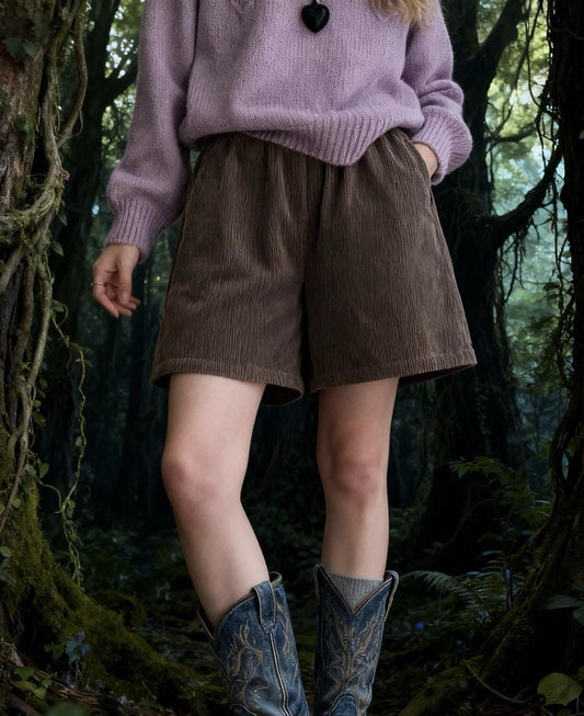 Vintage High-Waisted Corduroy Shorts, Elastic Waist, Cotton