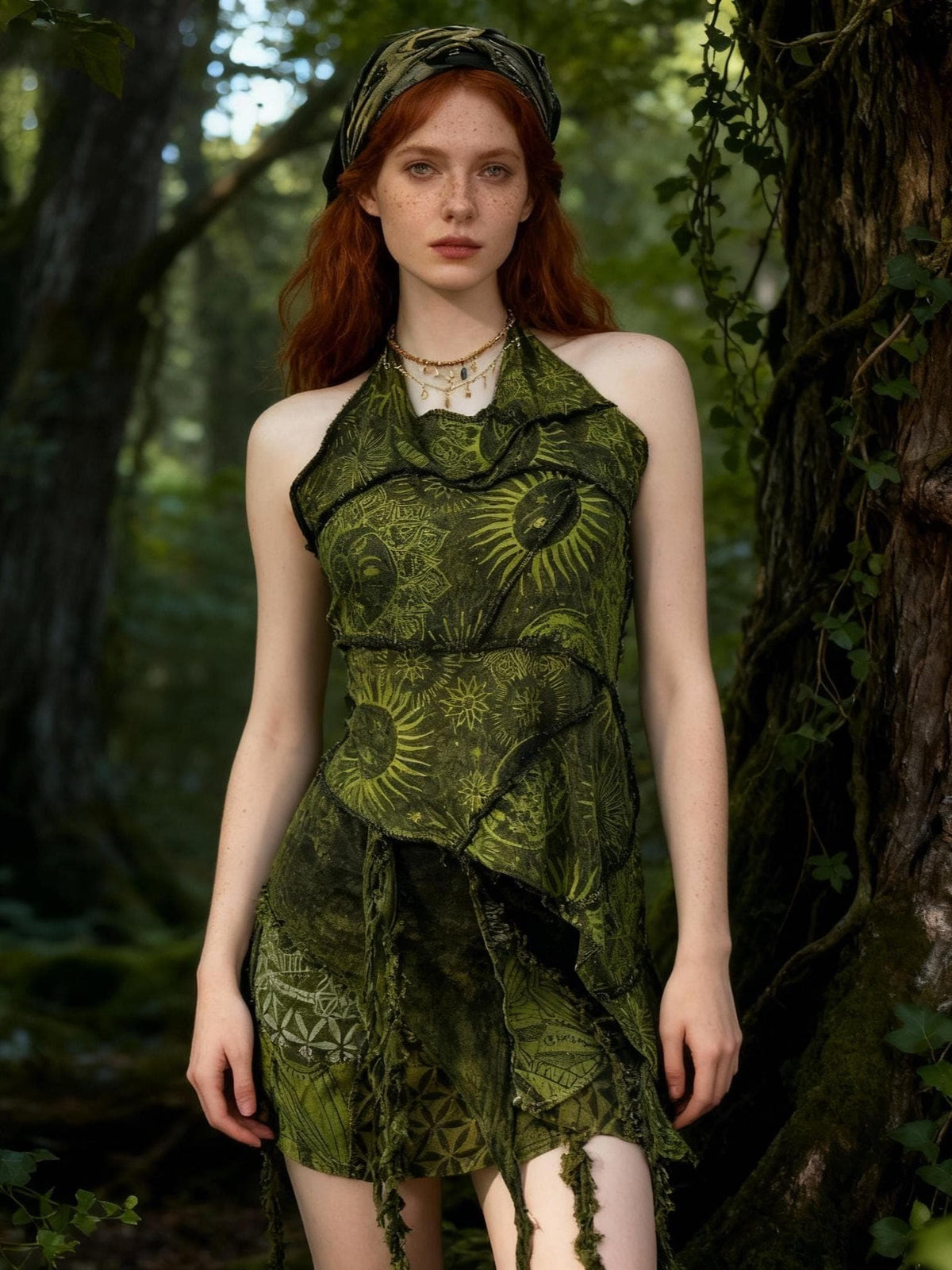 Boho Green Tie-Dye 2PCS Set: Ragged Edge Festival Outfit