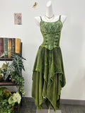 Handmade Green Bohemian Dress, Artistic Embroidered Lace Slip Maxi Dress with Asymmetthal