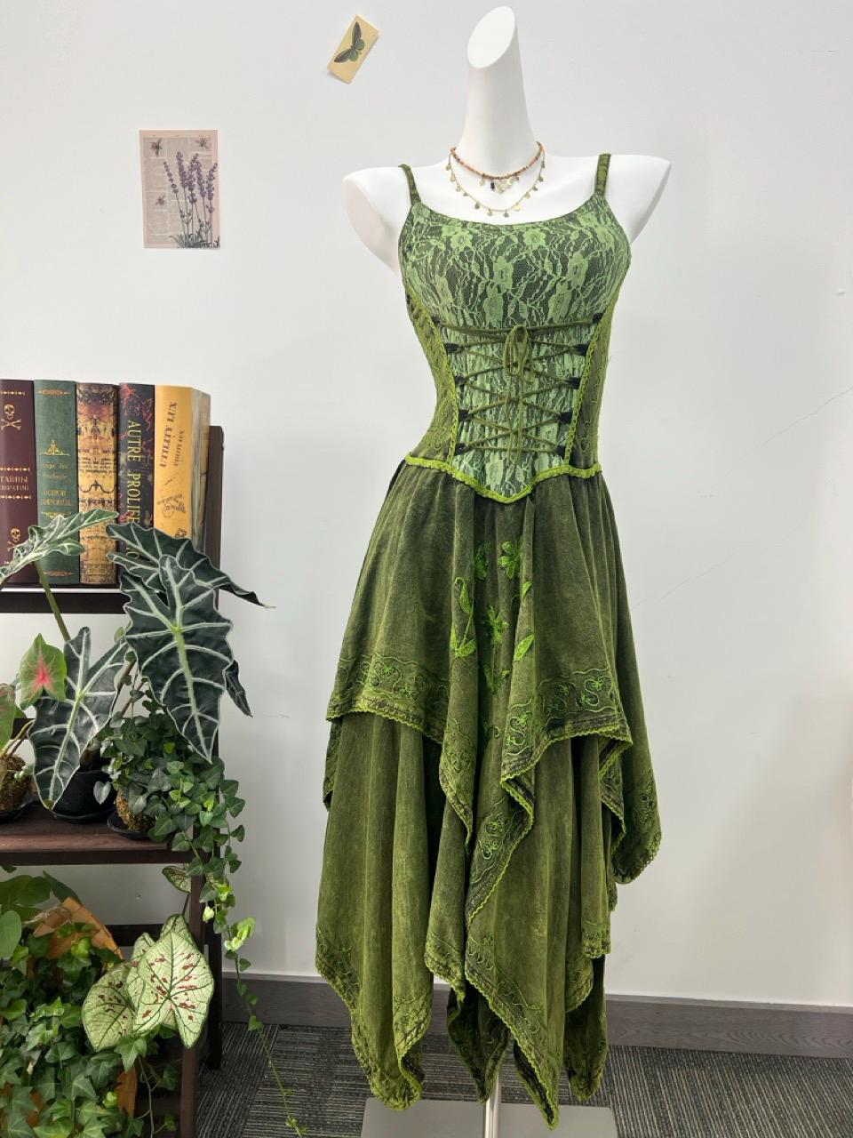 Handmade Green Bohemian Dress, Artistic Embroidered Lace Slip Maxi Dress with Asymmetrical Hem