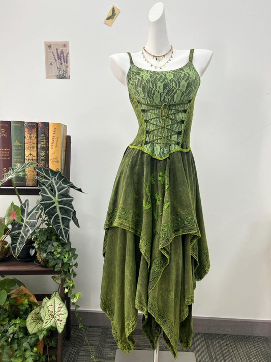 Handmade Green Bohemian Dress, Artistic Embroidered Lace Slip Maxi Dress with Asymmetrical Hem