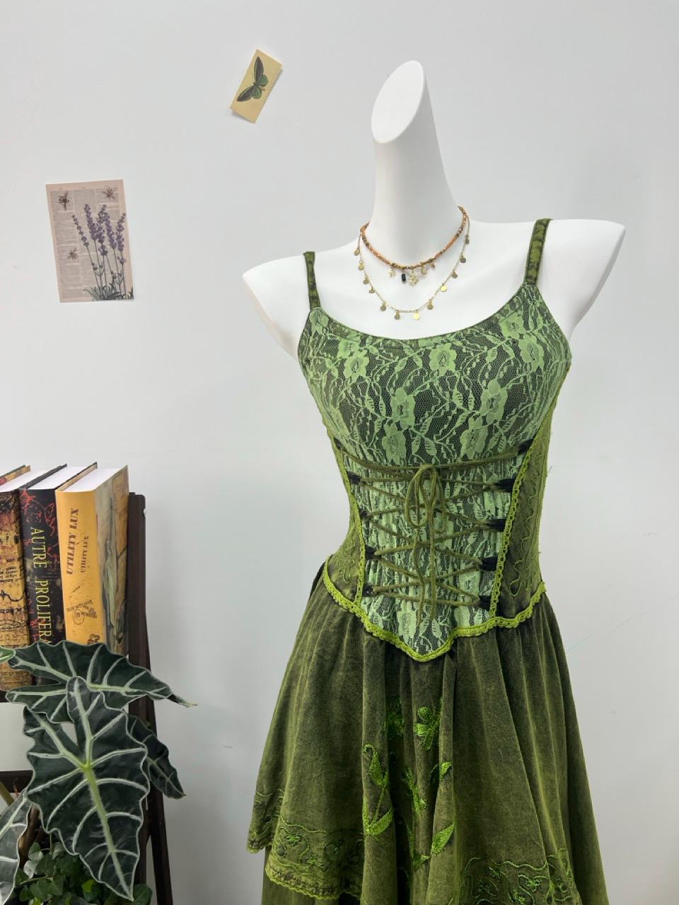 Handmade Green Bohemian Dress, Artistic Embroidered Lace Slip Maxi Dress with Asymmetrical Hem