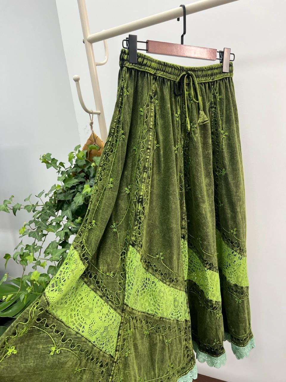 Bohemian Green Maxi Skirt, Lace Insets, Floral Embroidery, Elastic Waist