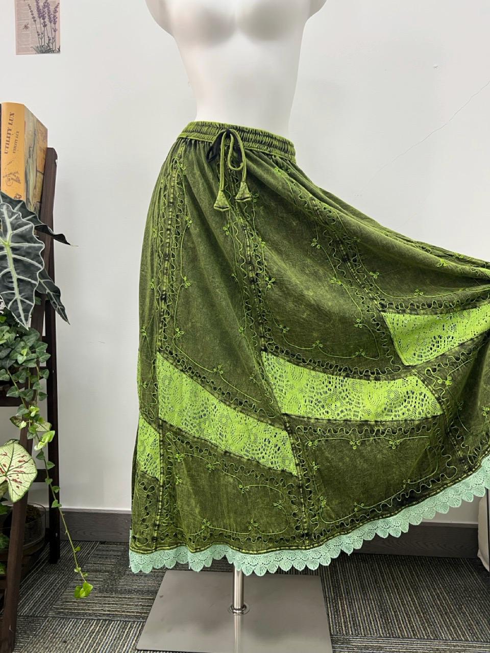 Bohemian Green Maxi Skirt, Lace Insets, Floral Embroidery, Elastic Waist