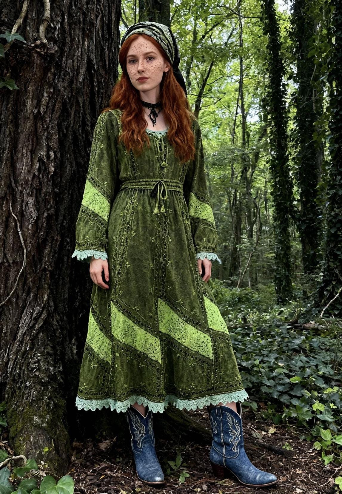 Bohemian Green Maxi Skirt, Lace Insets, Floral Embroidery, Elastic Waist