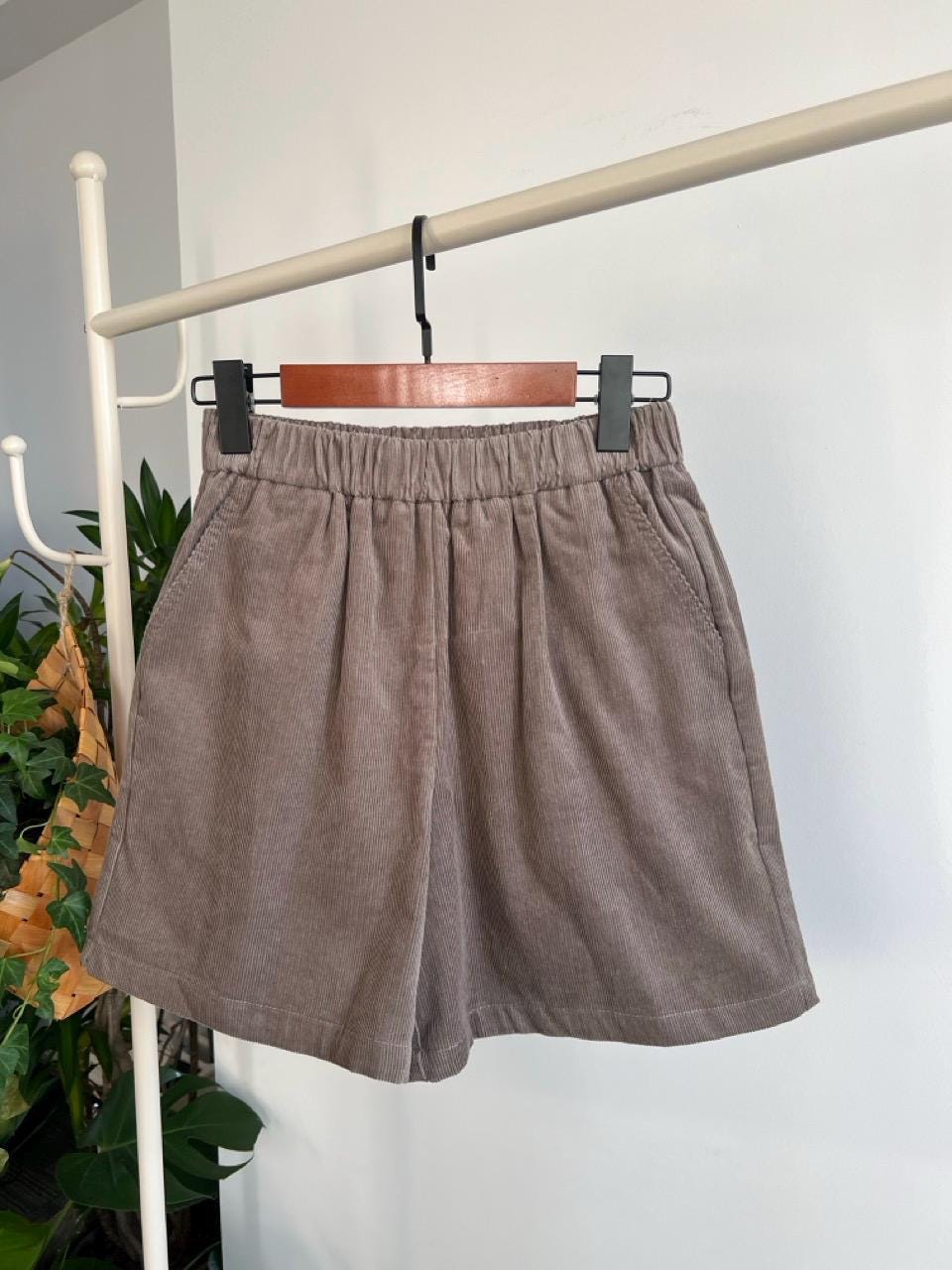 Vintage High Waisted Corduroy Shorts, Elastic Waist, Cotton