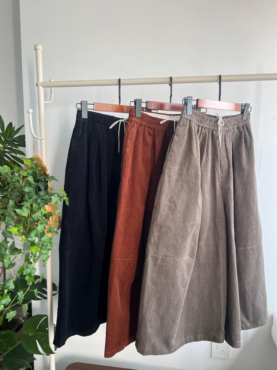 Vintage Corduroy Wide Leg Pants, High Waisted Boho Trousers