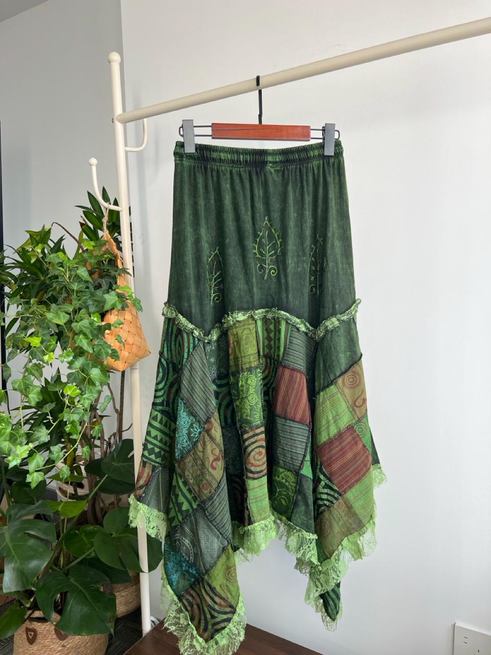 Bohemian Embroidered Patchwork Skirt, Cotton Elastic Waist Maxi Skirt, Vintage Gypsy with Lace Trim