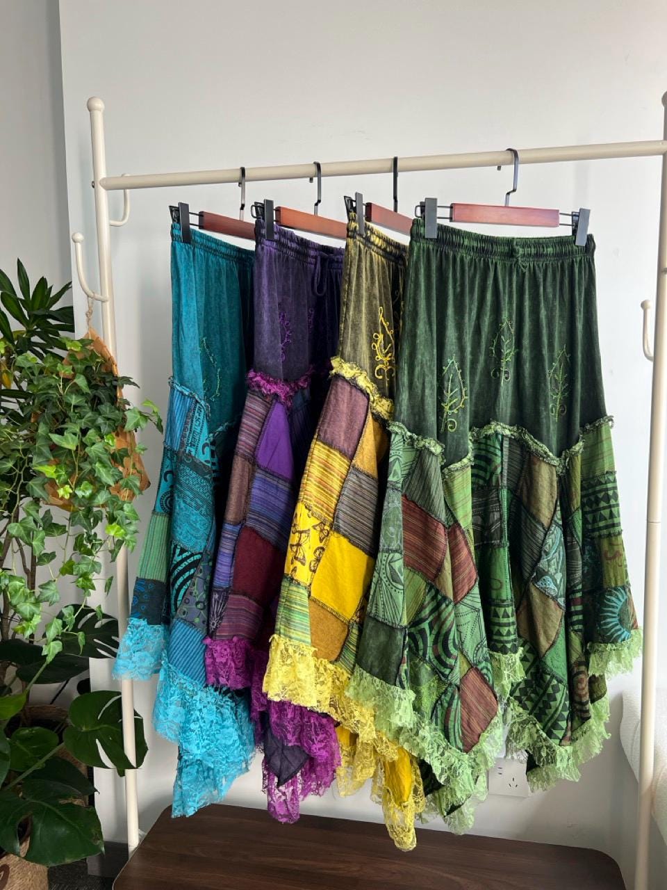 Bohemian Embroidered Patchwork Skirt, Cotton Elastic Waist Maxi Skirt, Vintage Gypsy with Lace Trim