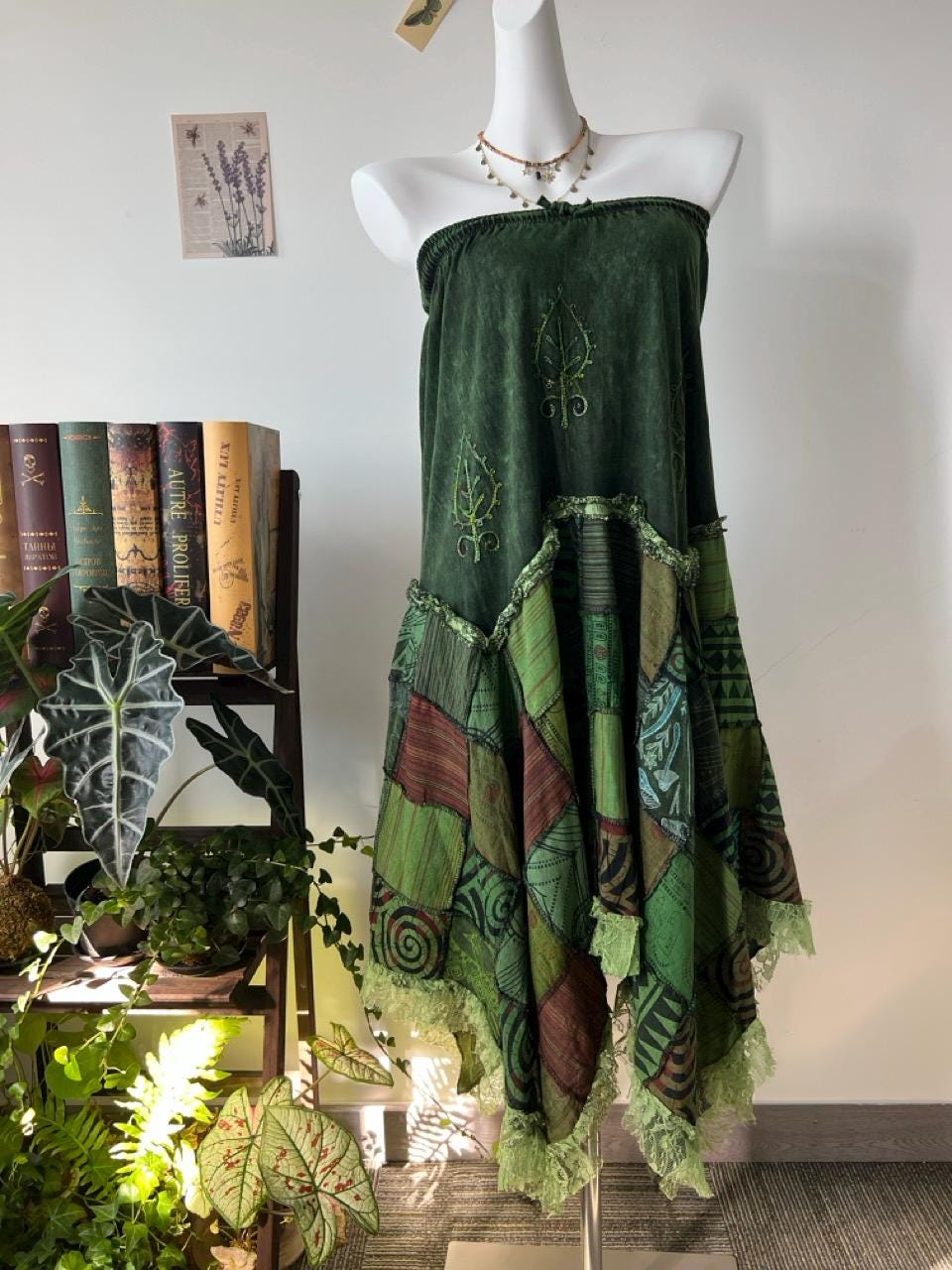 Bohemian Embroidered Patchwork Skirt, Cotton Elastic Waist Maxi Skirt, Vintage Gypsy with Lace Trim