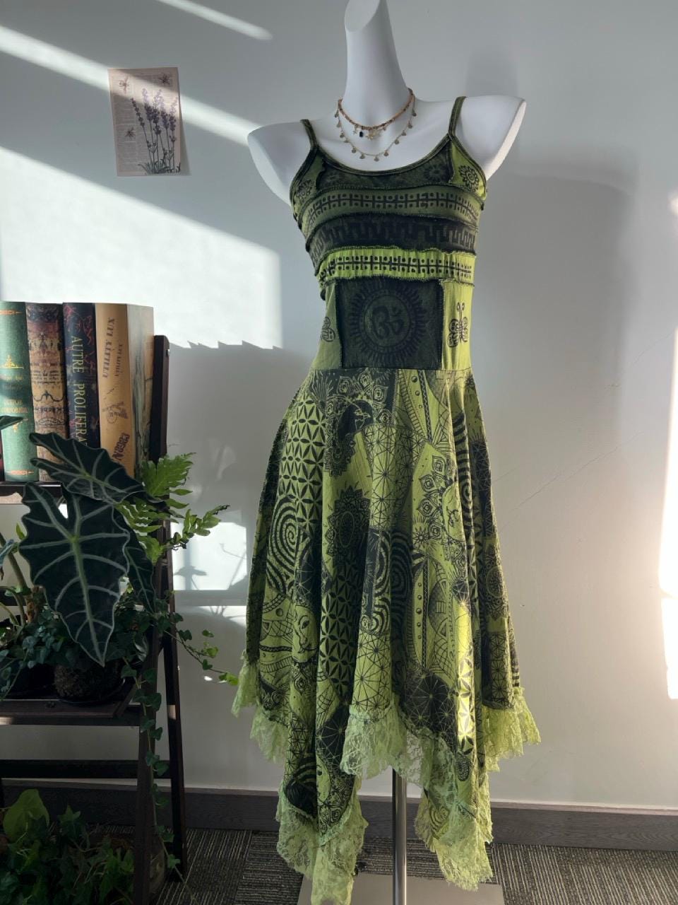 Boho Patchwork Maxi Dress, Geometric Print, Lace Trim