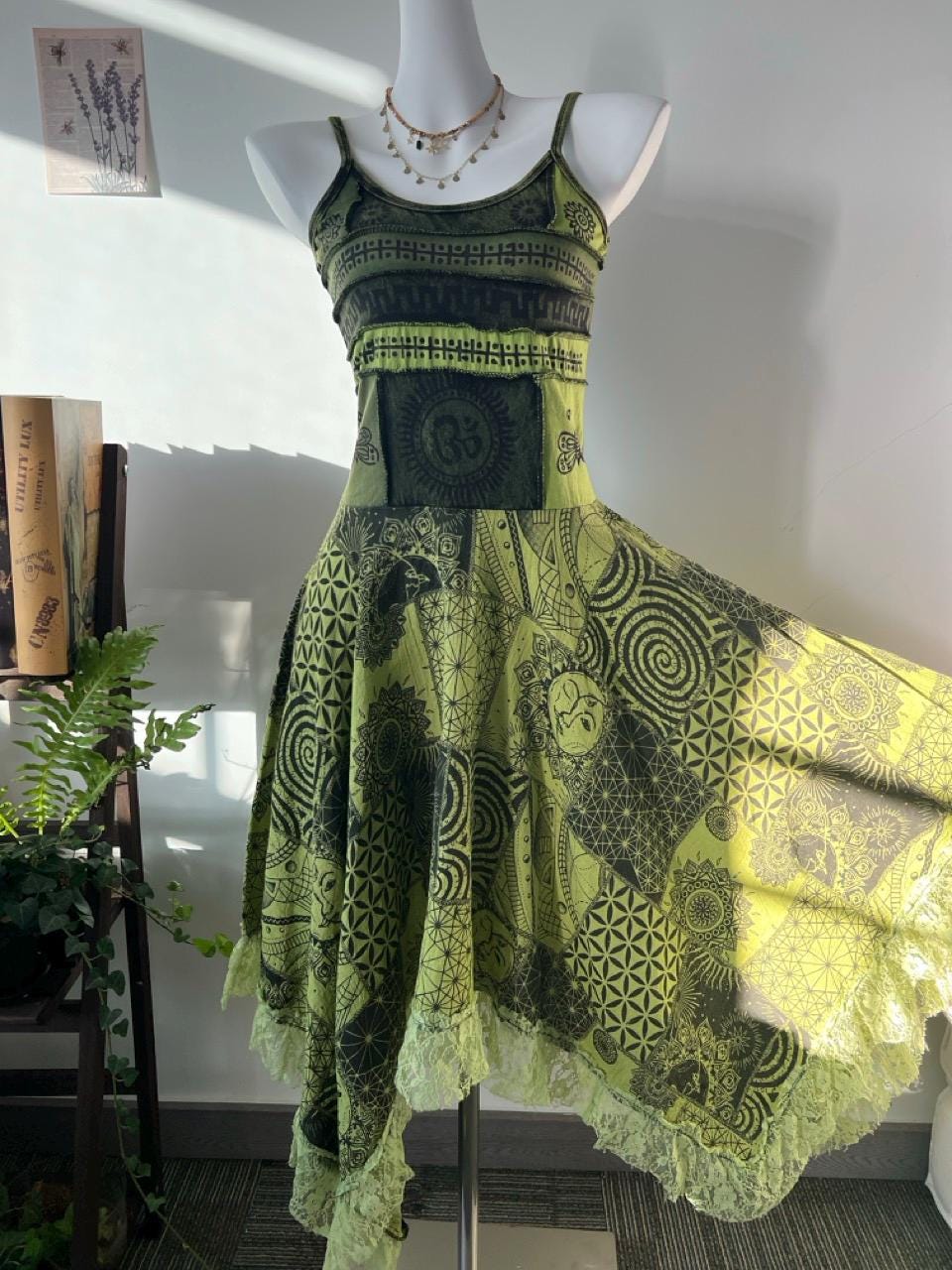 Boho Patchwork Maxi Dress, Geometric Print, Lace Trim