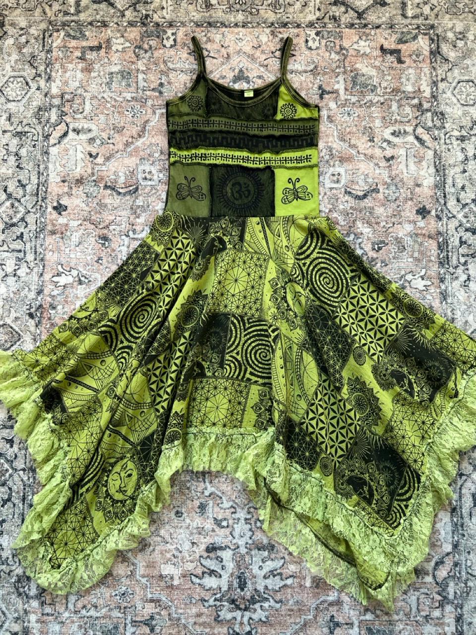 Boho Patchwork Maxi Dress, Geometric Print, Lace Trim