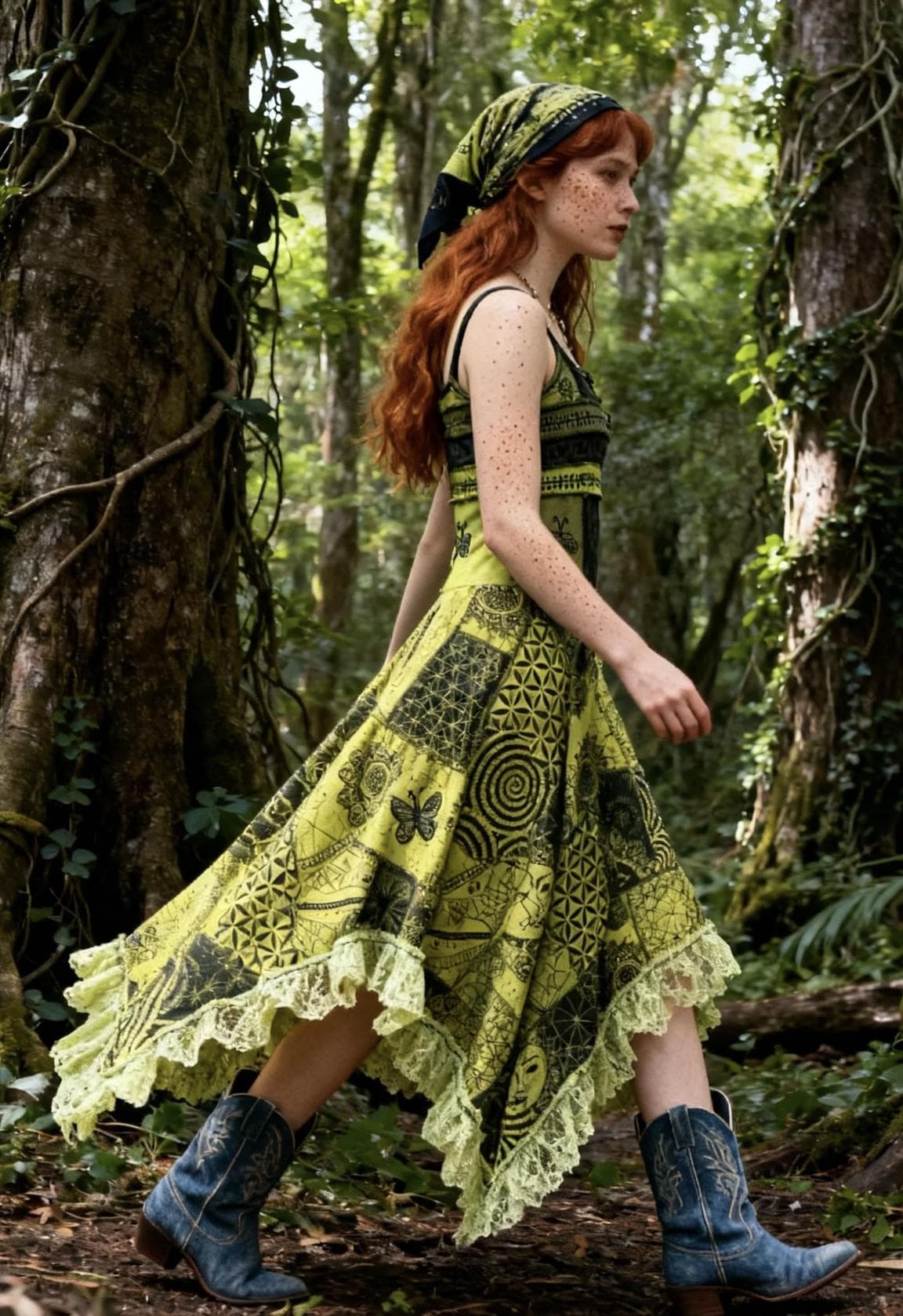 Boho Patchwork Maxi Dress, Geometric Print, Lace Trim