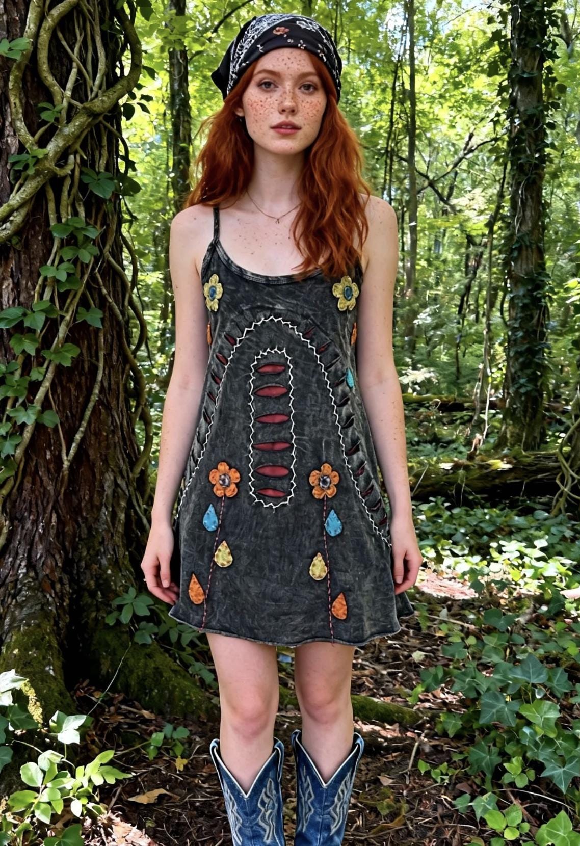 Boho Embroidered Cotton Dress - Vintage Floral, Festival Fashion