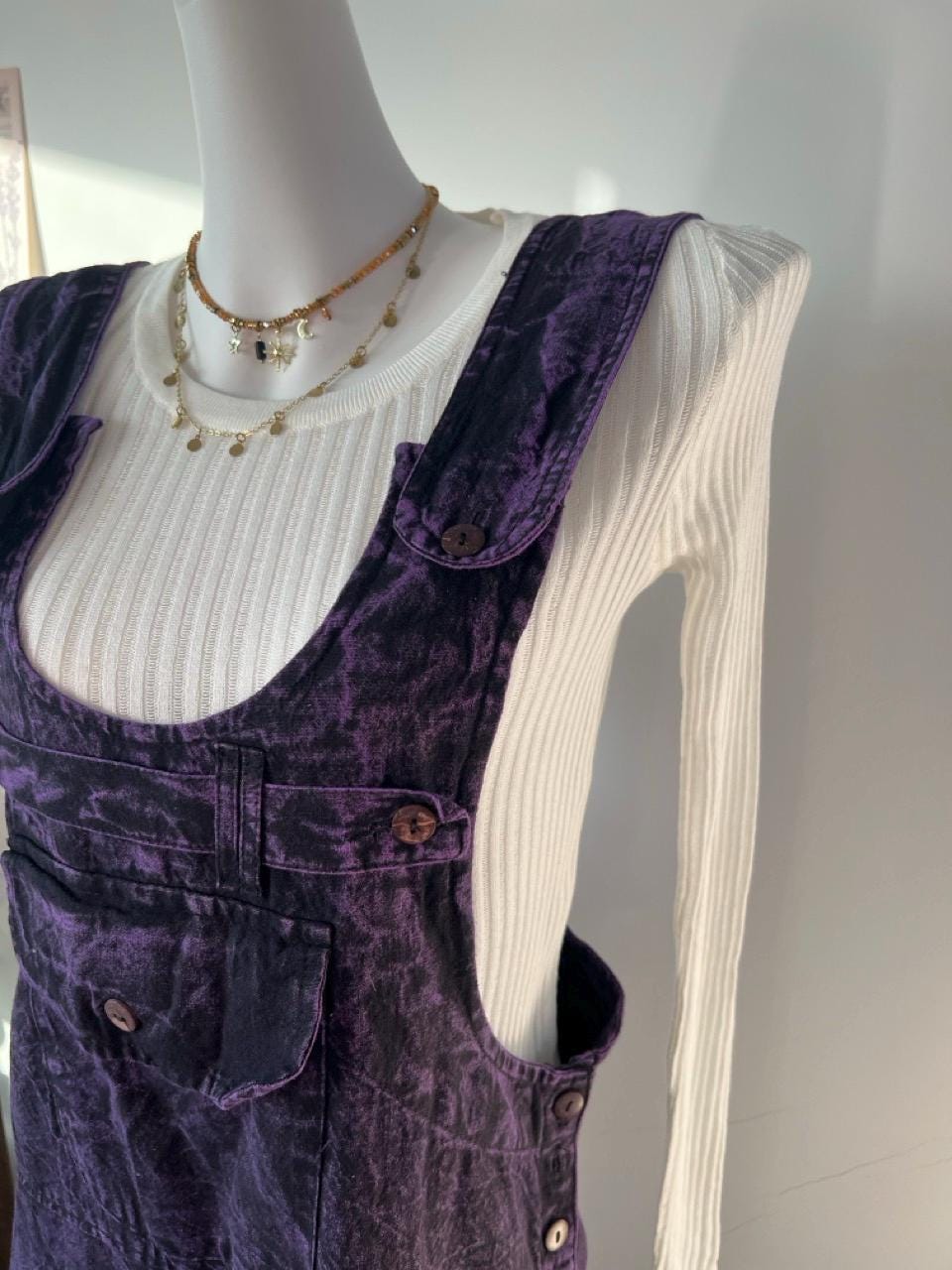 Purple Boho Overalls Dress | Handmade Tie-Dye Cotton Jumpsuit | Hippie Vintage Maxi Dress for Women