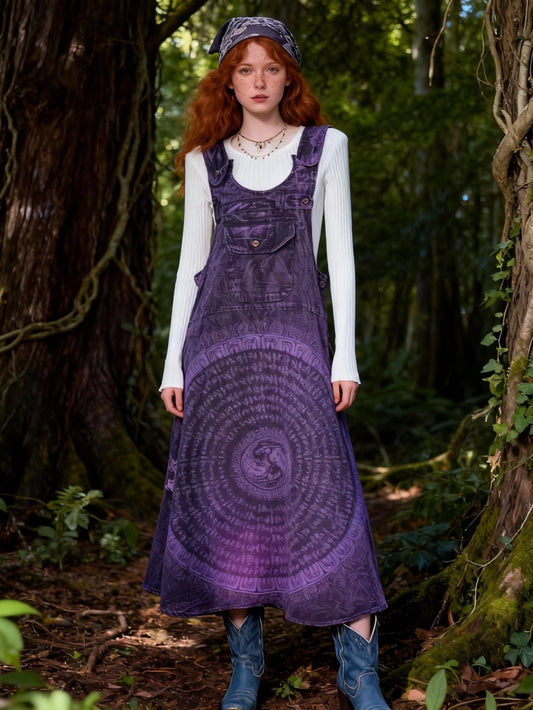 Purple Boho Overalls Dress | Handmade Tie-Dye Cotton Jumpsuit | Hippie Vintage Maxi Dress for Women