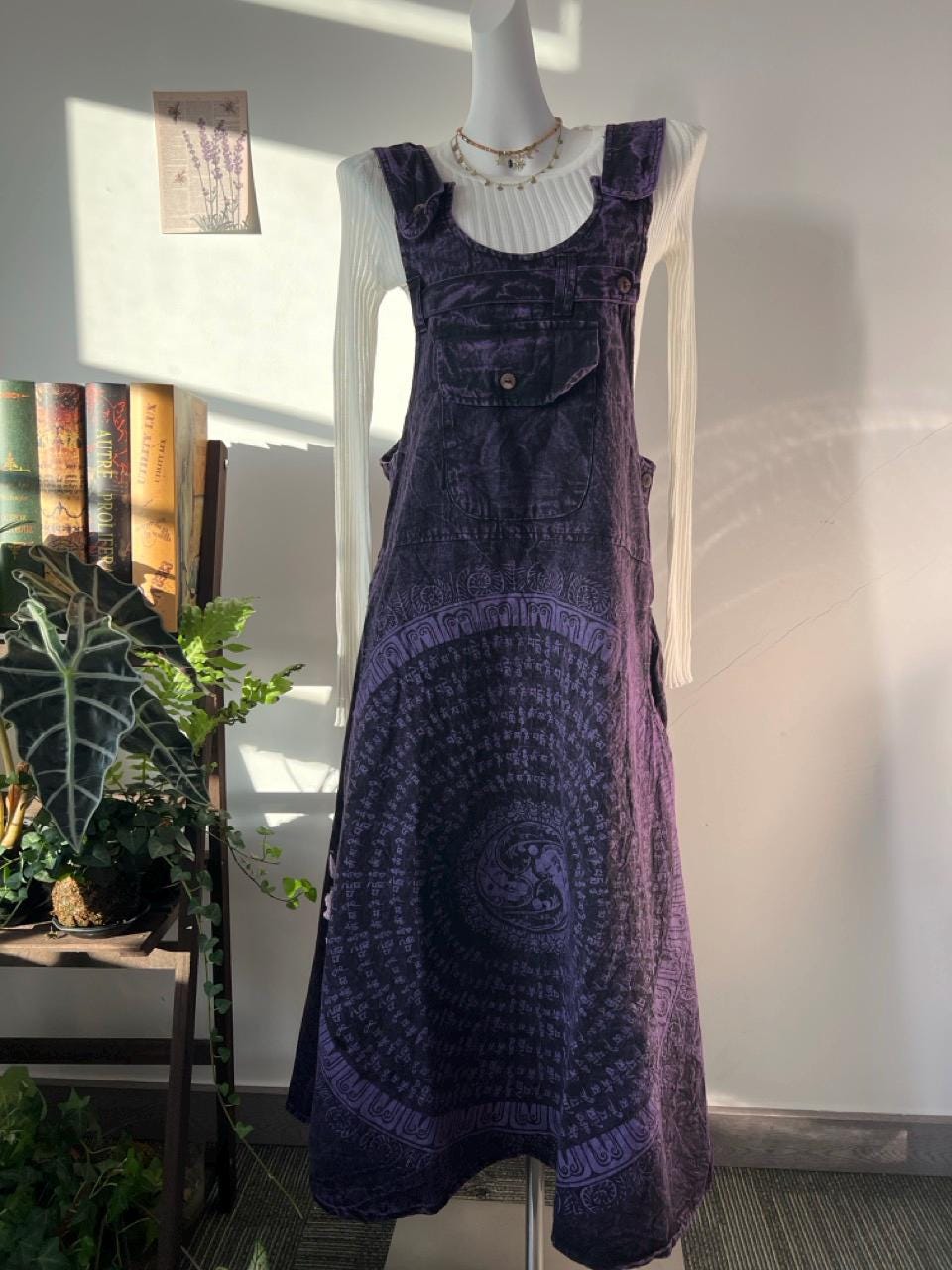 Purple Boho Overalls Dress | Handmade Tie-Dye Cotton Jumpsuit | Hippie Vintage Maxi Dress for Women